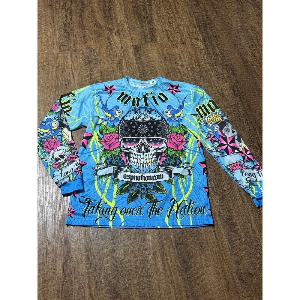ASP Nation Mafia Mens Long Sleeve Shirt Medium M Skull Graphic Colorful Edgy EUC